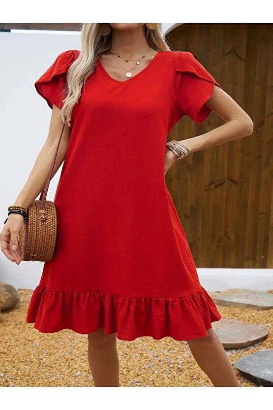 Kadın Kısa Kollu Bisiklet Yaka Fırfırlı Aerobin Elbise