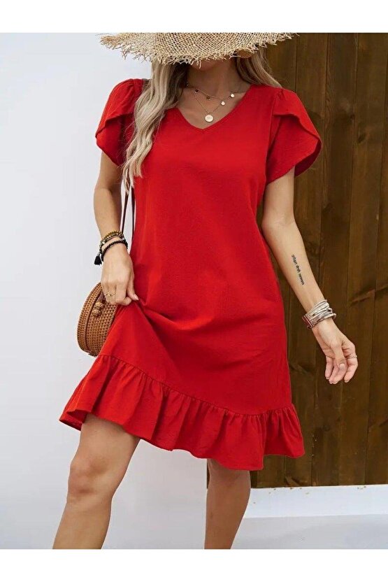 Kadın Kısa Kollu Bisiklet Yaka Fırfırlı Aerobin Elbise