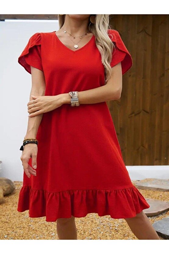 Kadın Kısa Kollu Bisiklet Yaka Fırfırlı Aerobin Elbise