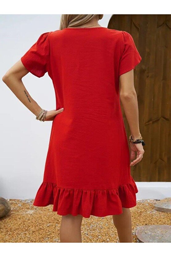 Kadın Kısa Kollu Bisiklet Yaka Fırfırlı Aerobin Elbise