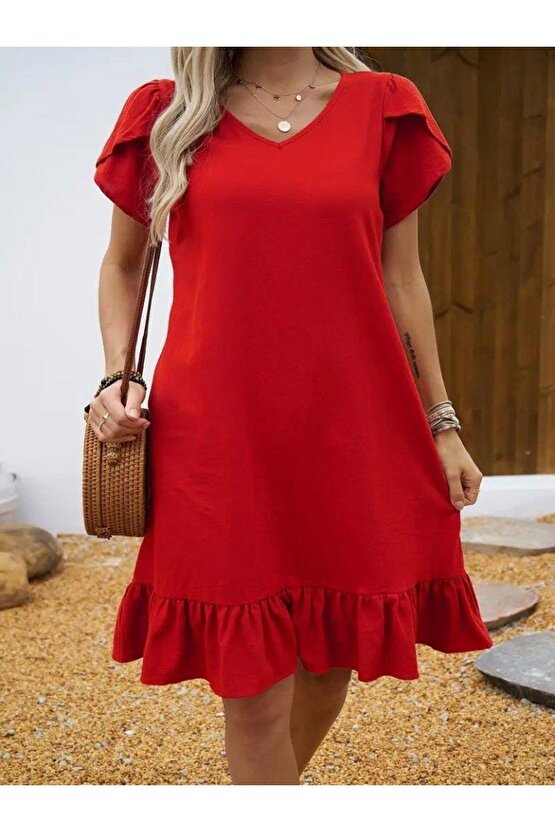 Kadın Kısa Kollu Bisiklet Yaka Fırfırlı Aerobin Elbise