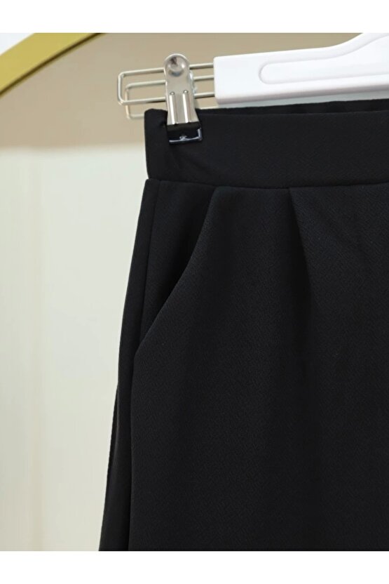 Cırtlı Fermuarlı Palazzo Pantolon -Siyah