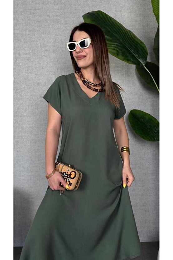 Kadın Kısa Kollu V Yaka Salaş Maxi Boy Elbise