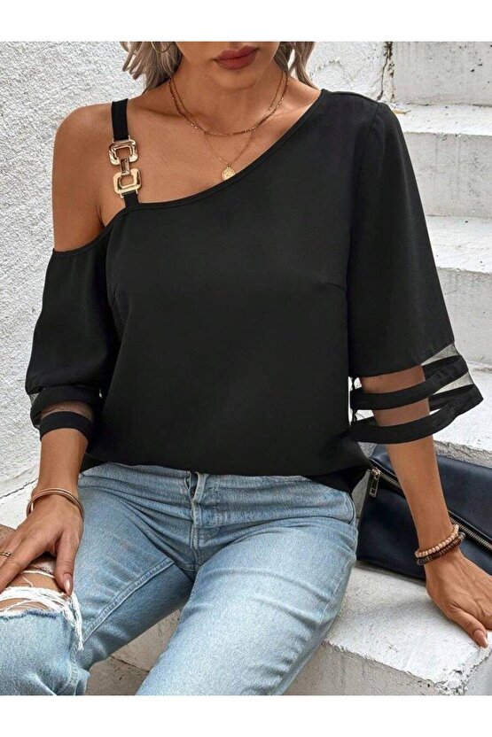 Kadın Askılı Asimetrik Kesim Kol Ve Yaka Kolda Tül Ve Aksesuar Detaylı Janjan Krep Bluz