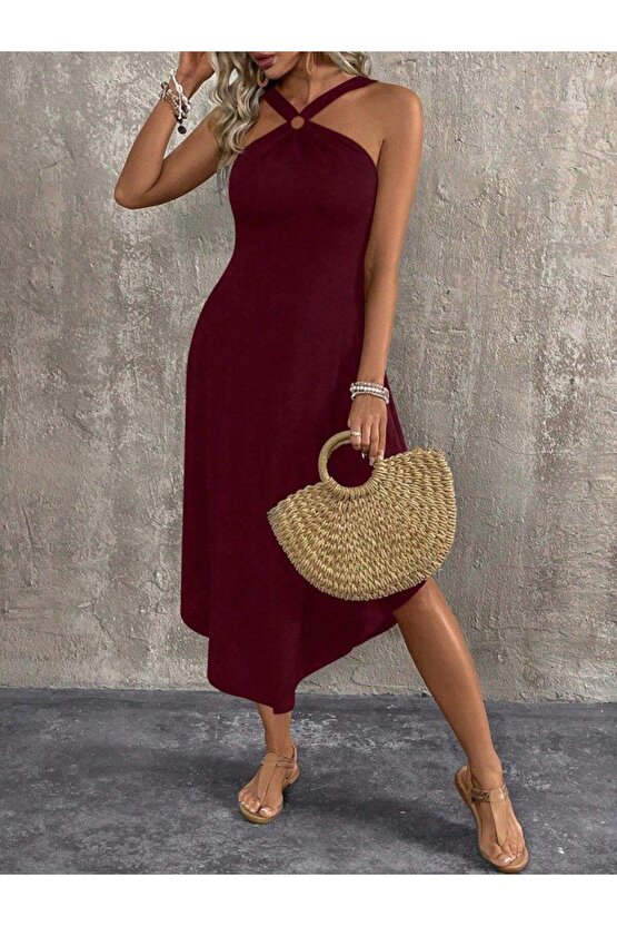 Kadın Boyundan çapraz Askılı Halka Detaylı Asimetrik Kesim Viskon Elbise