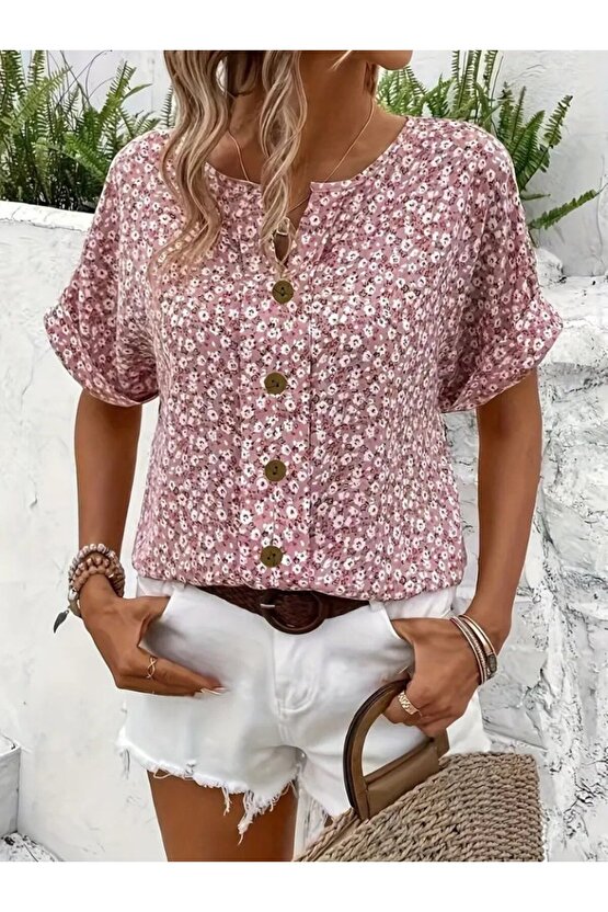 Kadın Kısa Kollu çentikli V Yaka Ve Düğme Detaylı çiçek Desenli Süprem Bluz