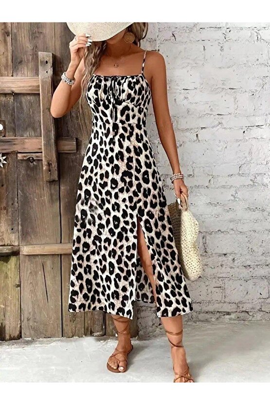 Kadın Askılı Yakadan Bağcıklı Yırtmaçlı Leopar Desenli Midi Süprem Elbise