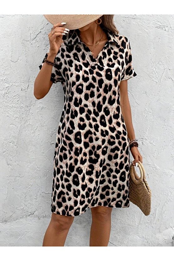 Kadın Kısa Kollu Yakalı Leopar Desenli Süprem Elbise