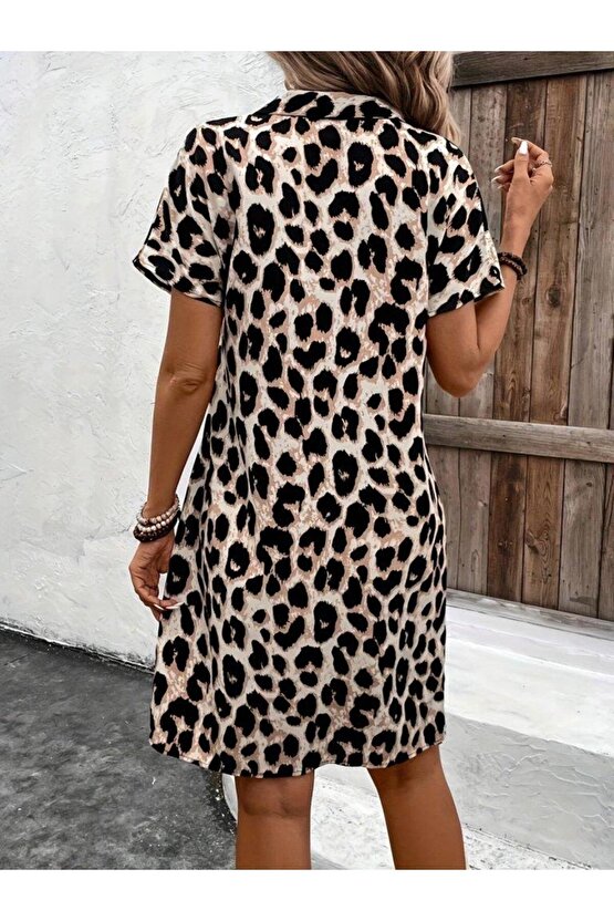 Kadın Kısa Kollu Yakalı Leopar Desenli Süprem Elbise