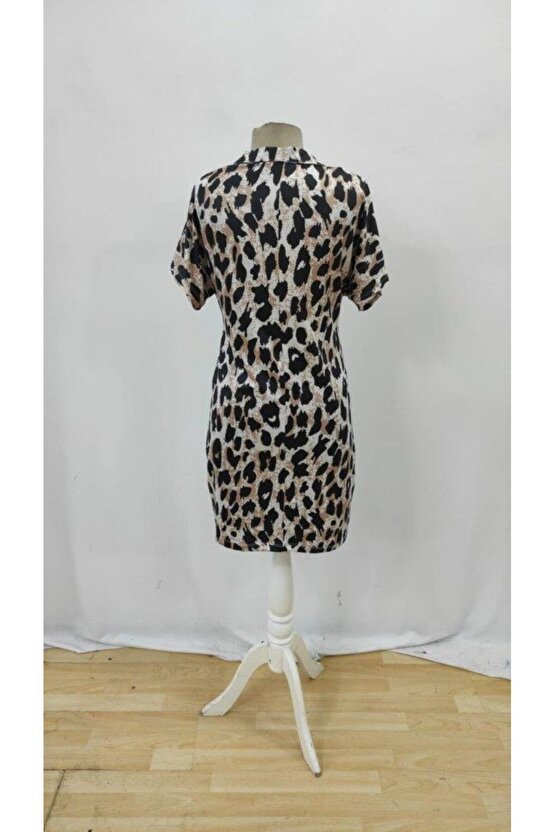 Kadın Kısa Kollu Yakalı Leopar Desenli Süprem Elbise