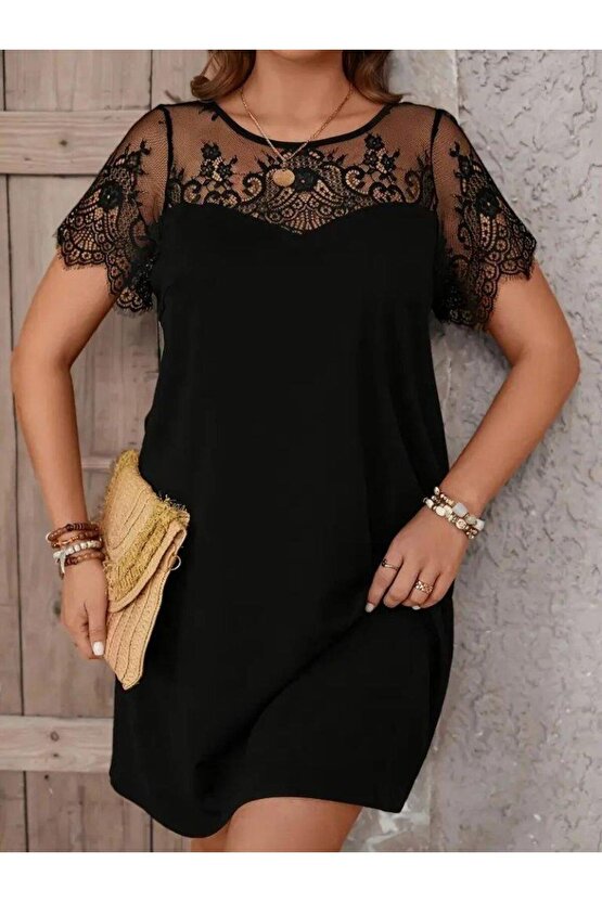 Kadın Kısa Kollu Dantel Bisiklet Yaka Ve Kol Dantel Detaylı Janjan Krep Elbise