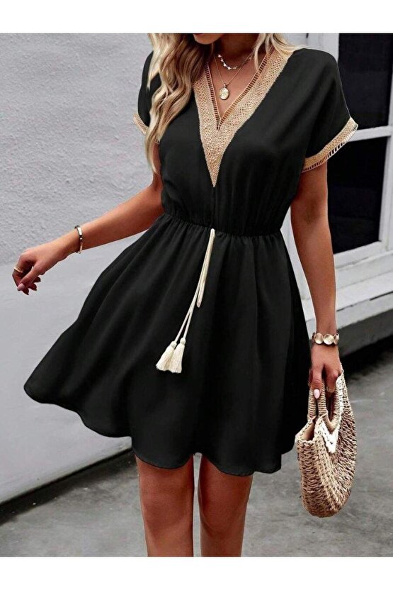 Kadın Kısa Kollu V Yakalı Belinde Bağcıklı Viskon Elbise