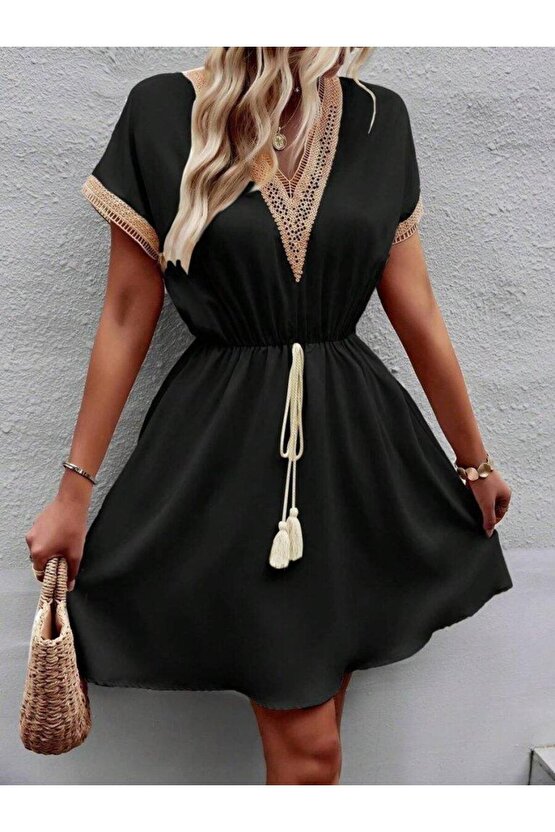 Kadın Kısa Kollu V Yakalı Belinde Bağcıklı Viskon Elbise