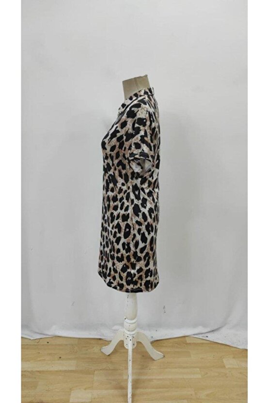 Kadın Kısa Kollu Yakalı Leopar Desenli Süprem Elbise