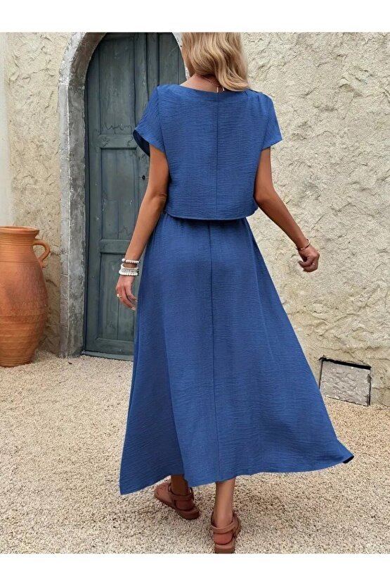 moda wanilia Kadın Kısa Kollu Bisiklet Yaka Bluz Etekli Ithal Keten Ikili Takım