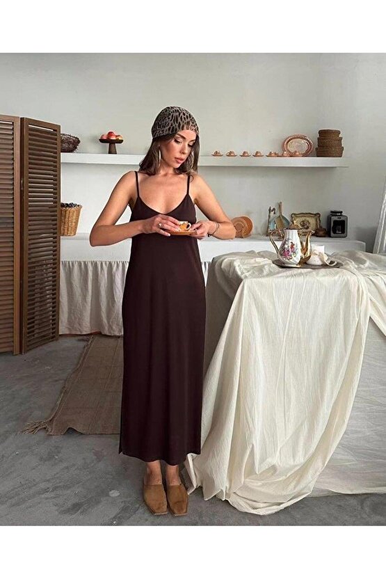 Kadın Siyah Asansör Askılı Çift Yırtmaçlı Helen Elbise