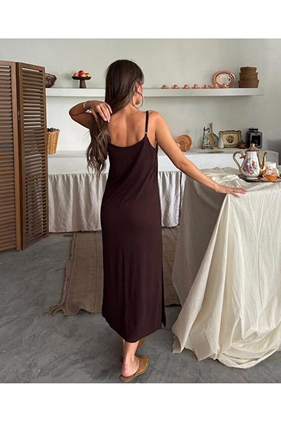 Kadın Siyah Asansör Askılı Çift Yırtmaçlı Helen Elbise