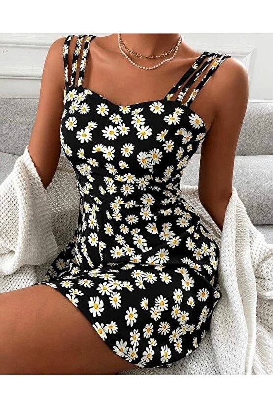 Kadın Papatya Desen Mikro Kumaş Askılı Elbise