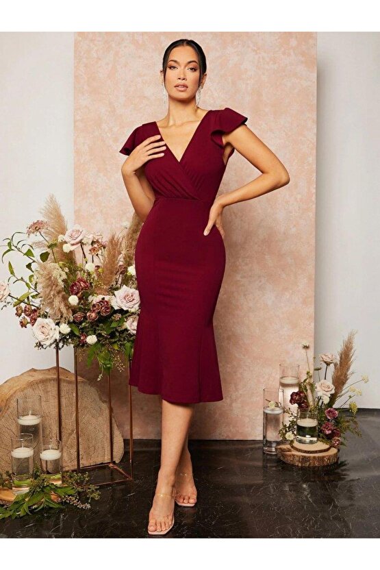 Kadın Kısa Kelebek Kollu Kruvaze Yaka Ithal Krep Midi Elbise