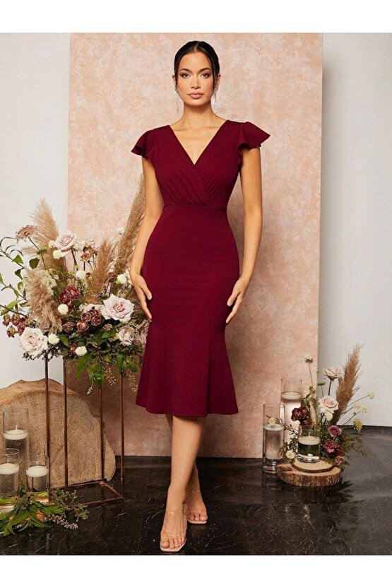 Kadın Kısa Kelebek Kollu Kruvaze Yaka Ithal Krep Midi Elbise