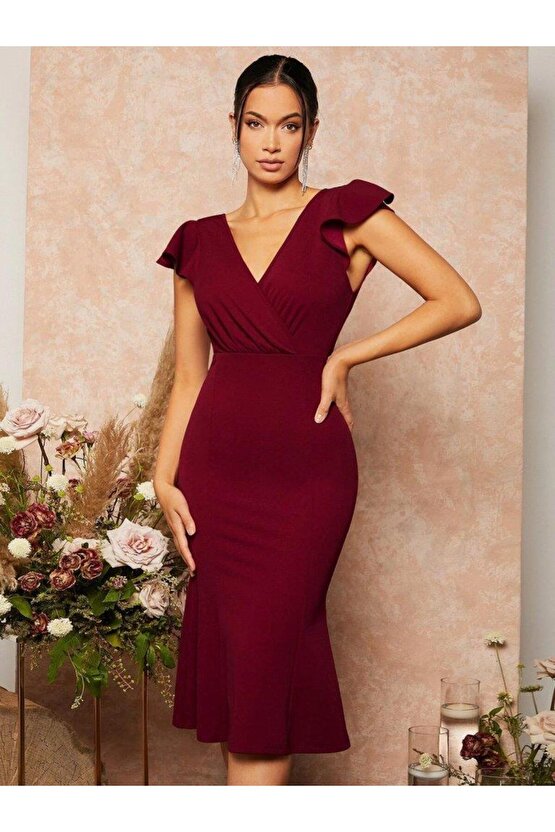 Kadın Kısa Kelebek Kollu Kruvaze Yaka Ithal Krep Midi Elbise