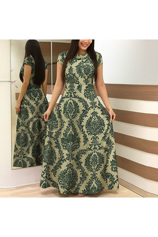 eyesof Kadın Kısa Kollu Bisiklet Yaka Puantiyeli Maksi örme Krep Elbise