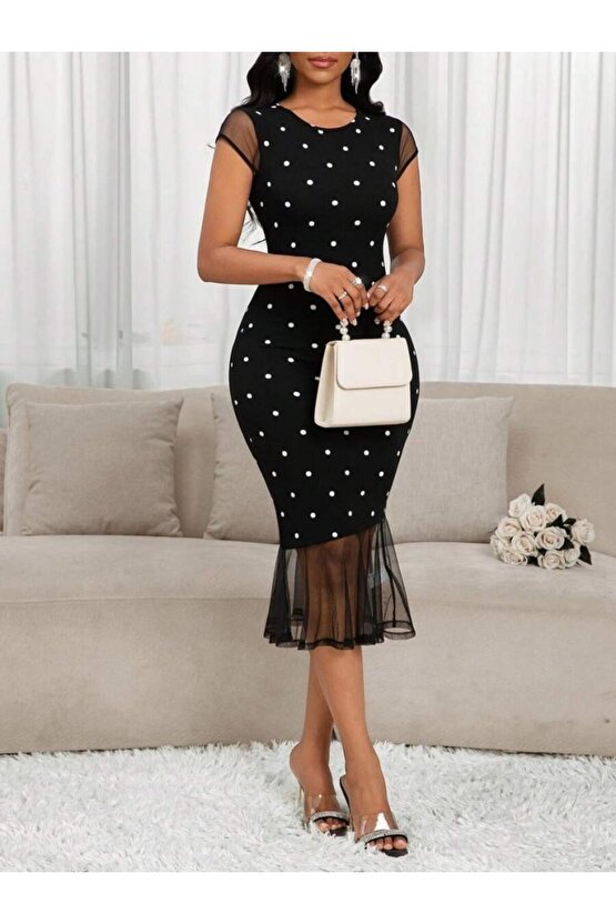 EQURİ Kadın Kısa Kollu Bisiklet Yakalı Puantiyeli Tül Detaylı örme Krep Elbise