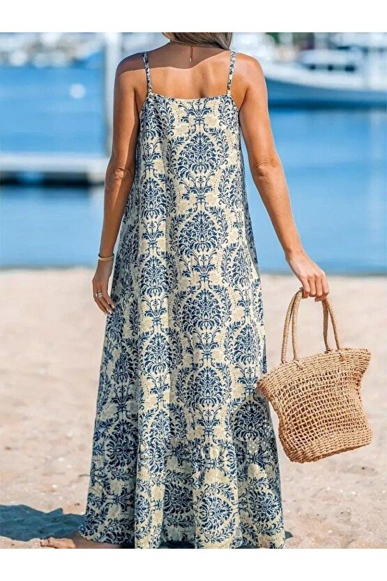 Kadın Ip Askılı Desenli Fırfırlı Süprem Elbise