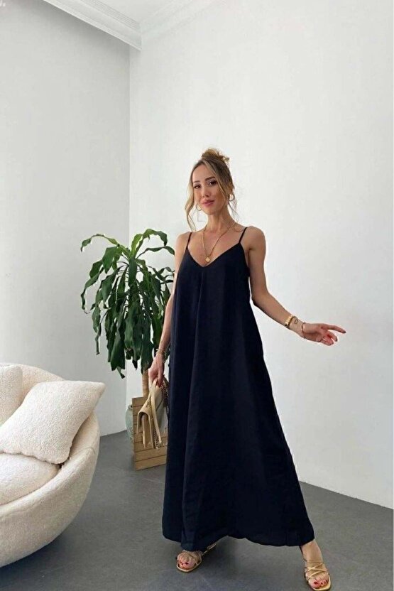 Kadın Ip Askılı V Yakalı Uzun Aerobin Elbise