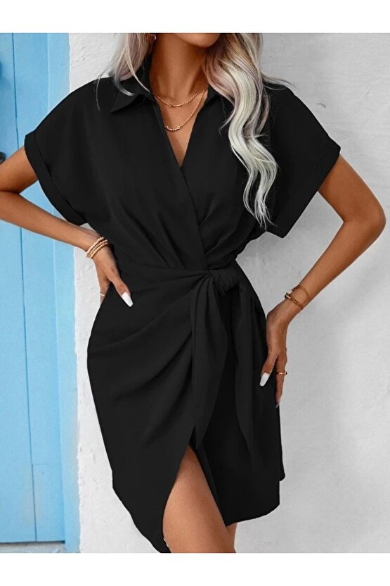 Kadın Kısa Kollu Yakalı Yandan Bağlamalı Dokuma Elbise
