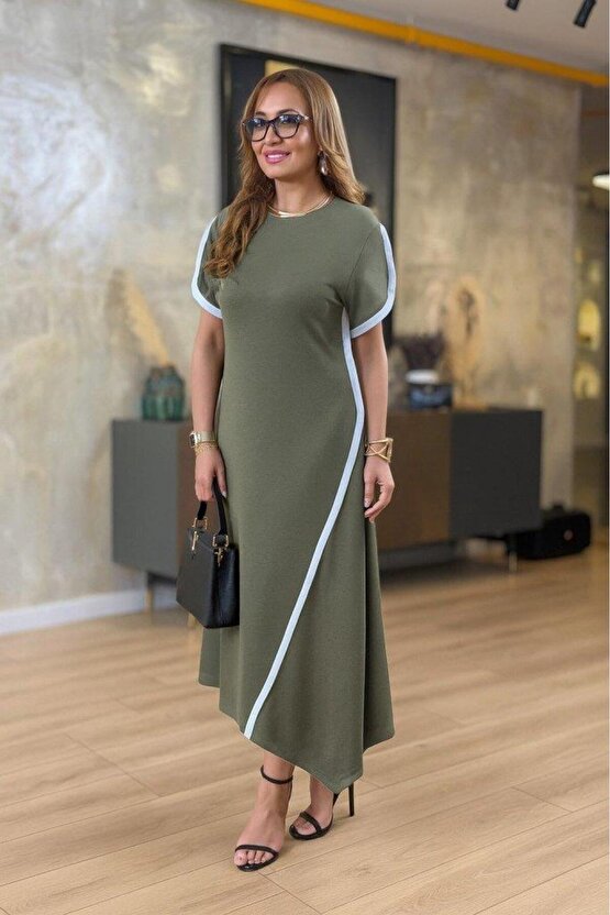 Kadın Kısa Kollu Bisiklet Yaka çift şerit Renk Detaylı Asimetrik Kesim Viskon Iki Iplik Elbise