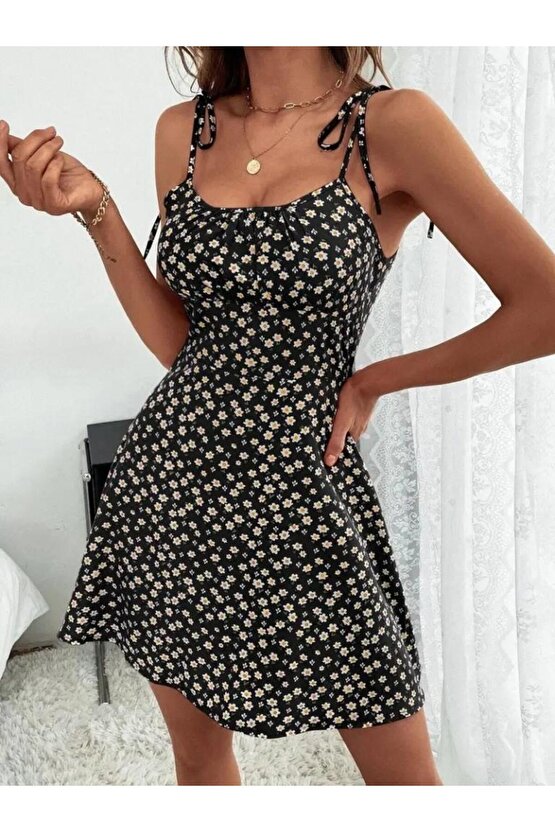 Kadın Ip Askılı Omuzlardan Bağcıklı çiçek Desenli Süprem Elbise