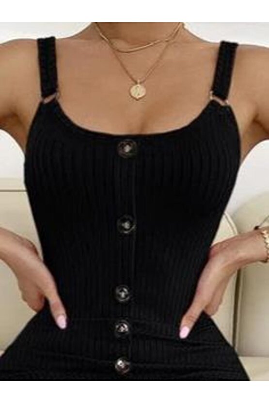 Kadın Kolsuz Askı Halka Detay önü Düğmeli Midi Boy Yırtmaçlı Fitilli Kaşkorse Elbise