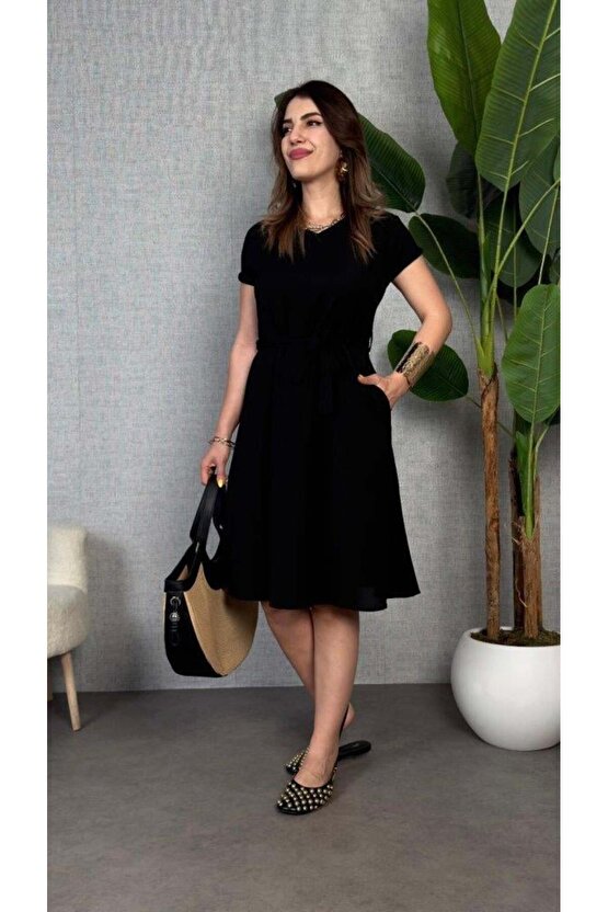 Kadın Kısa Kollu V Yakalı Beli Kuşaklı Ithal Keten Elbise