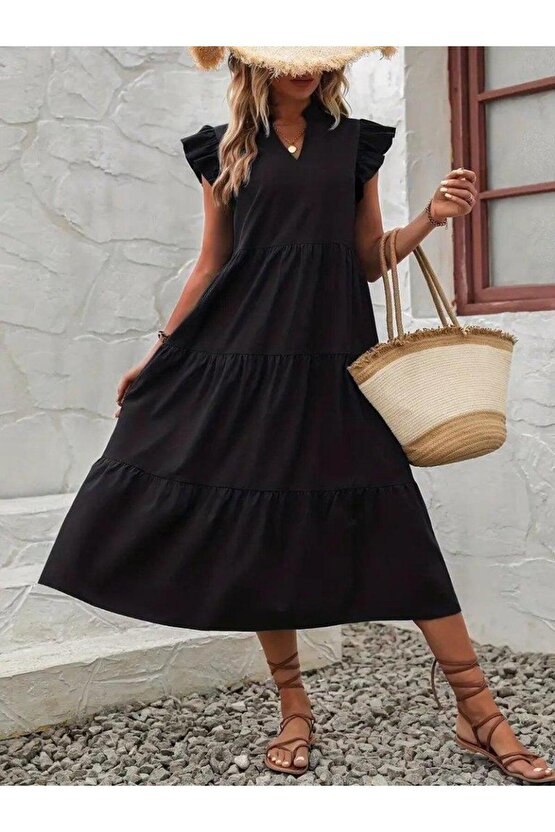 Kadın Kısa Kollu V Yakalı Geniş Kesim Uzun Trikoton Elbise