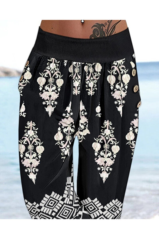 Kadın Beli Lastikli Etnik Desenli Kapri Süprem Pantolon