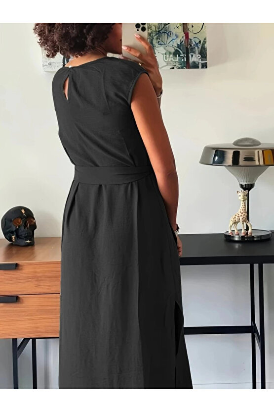 Kadın Kısa Kollu Yuvarlak Yaka Belden Bağcıklı önden Yırtmaçlı Aerobin Elbise