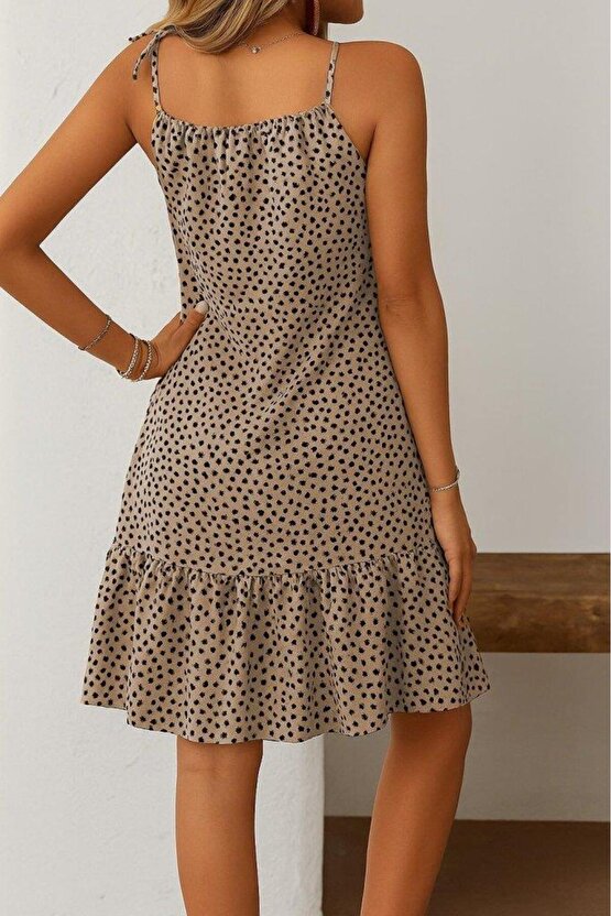 Kadın Boyundan Askılı Desenli Fırfırlı Süprem Elbise