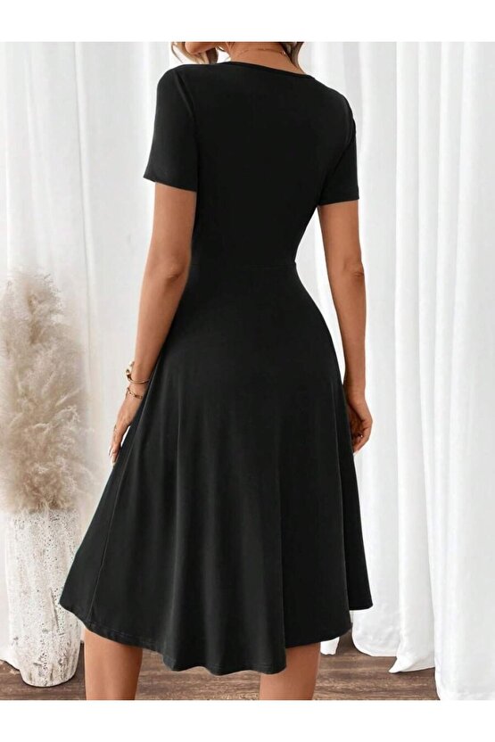 eyesof Kadın Kısa Kollu V Yakalı önden Düğmeli A Kesim Dokuma Elbise