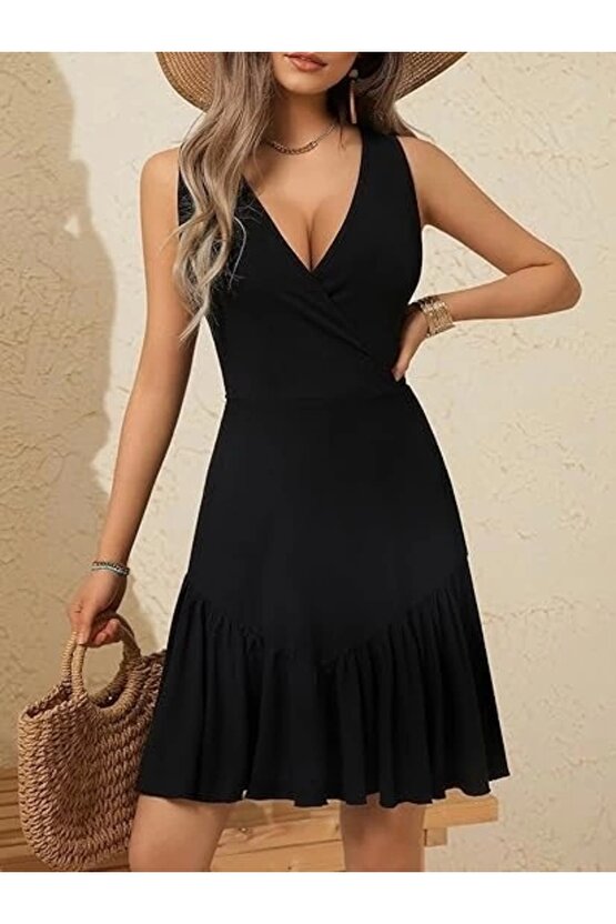 Kadın Askılı Kruvaze Yakalı Fırfırlı Janjan Krep Elbise