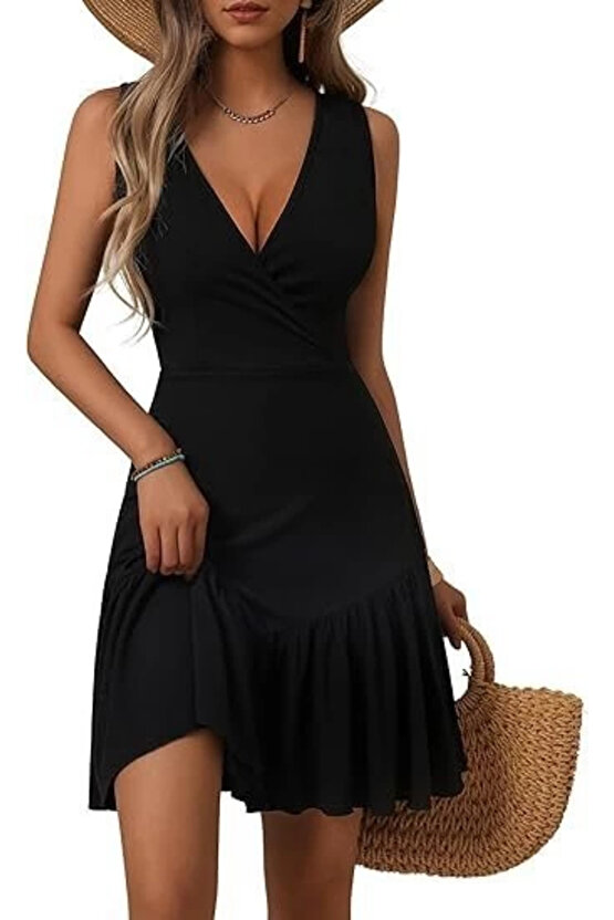 Kadın Askılı Kruvaze Yakalı Fırfırlı Janjan Krep Elbise