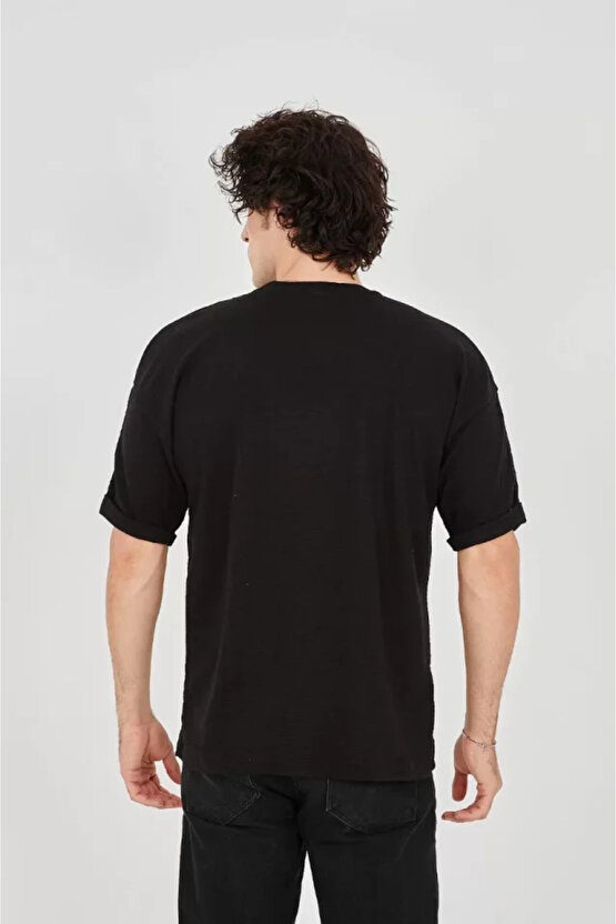 eyesof Unisex Jakar Kumaş Rahat Kol T-Shirt - Siyah