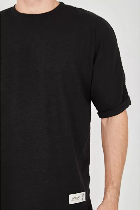 eyesof Unisex Jakar Kumaş Rahat Kol T-Shirt - Siyah