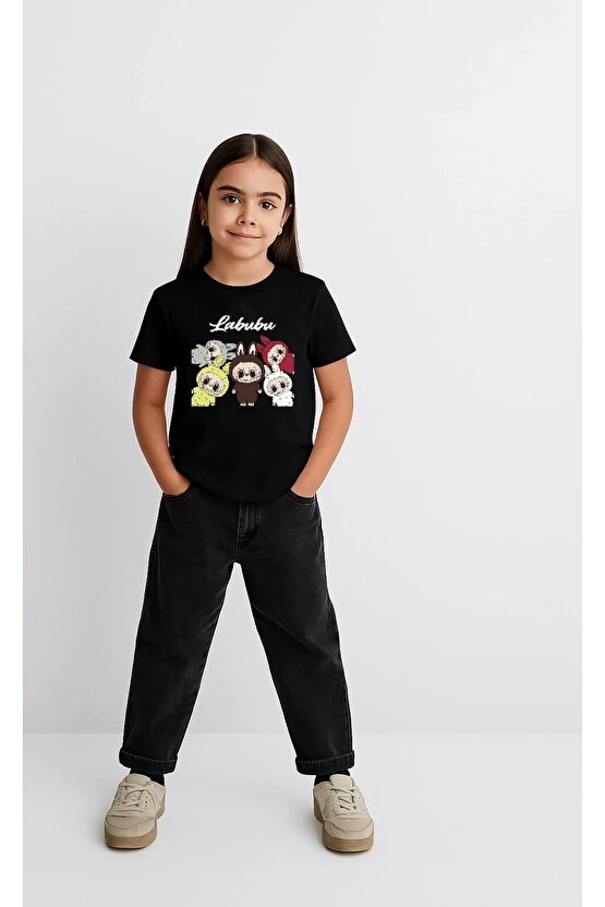 Kız Labubu Çocuk Baskılı T-Shirt - Siyah