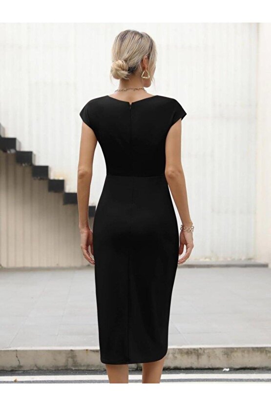 Kadın Yarım Ay Kollu Bisiklet Yaka Yandan Drapeli Ithal Krep Elbise