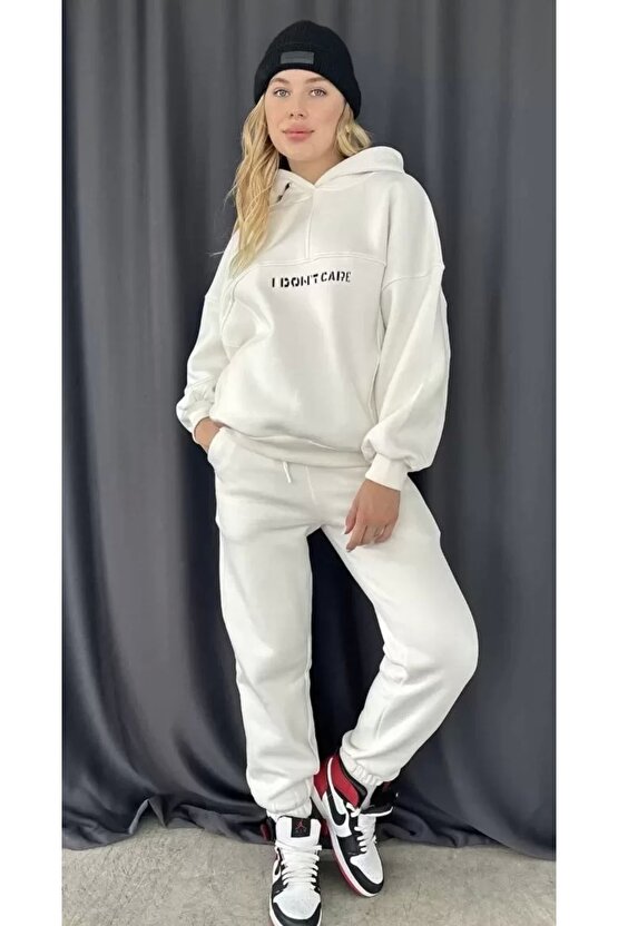 Nakış İşlemeli Üç İplik Sweat Takım- Beyaz
