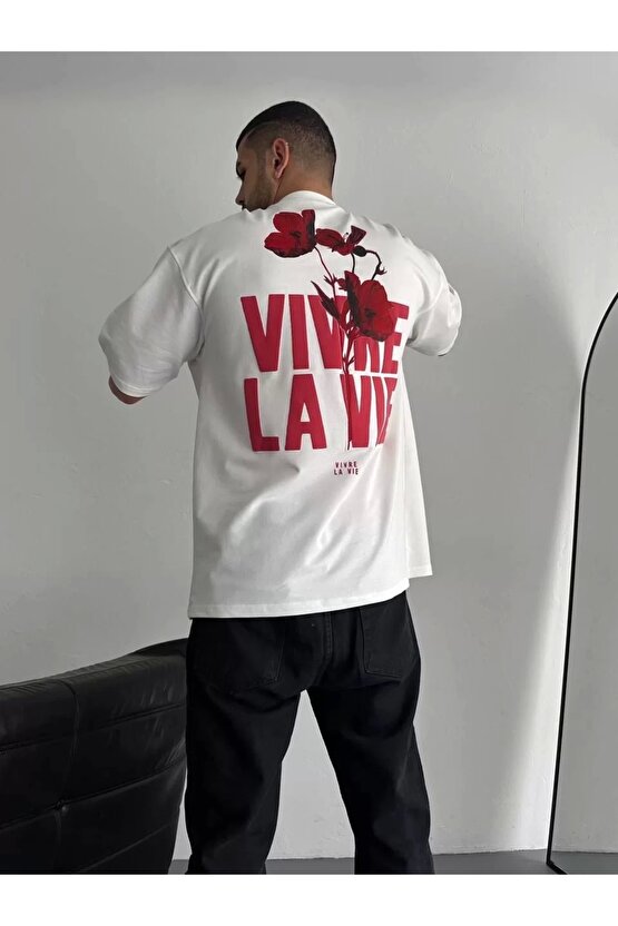 Baskılı Oversize Bisiklet Yaka T-shirt - Beyaz