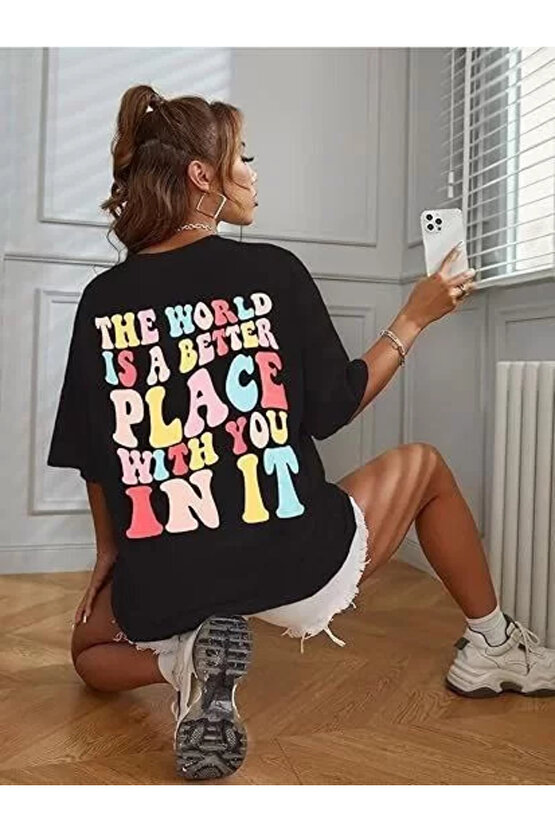 Kadın Bisiklet Yaka Baskılı T-shirt - Siyah