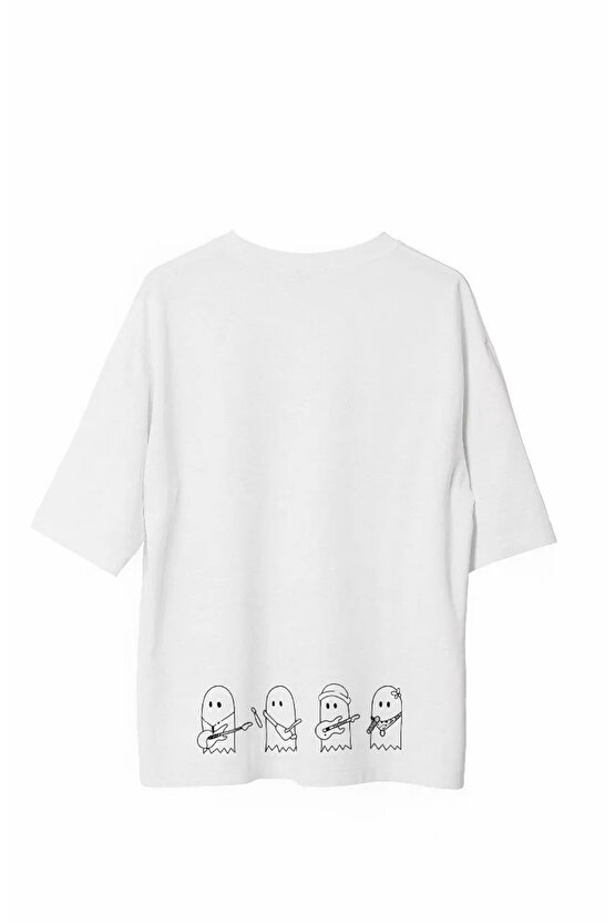 Unisex Bisiklet Yaka Baskılı Oversize T-Shirt - Beyaz