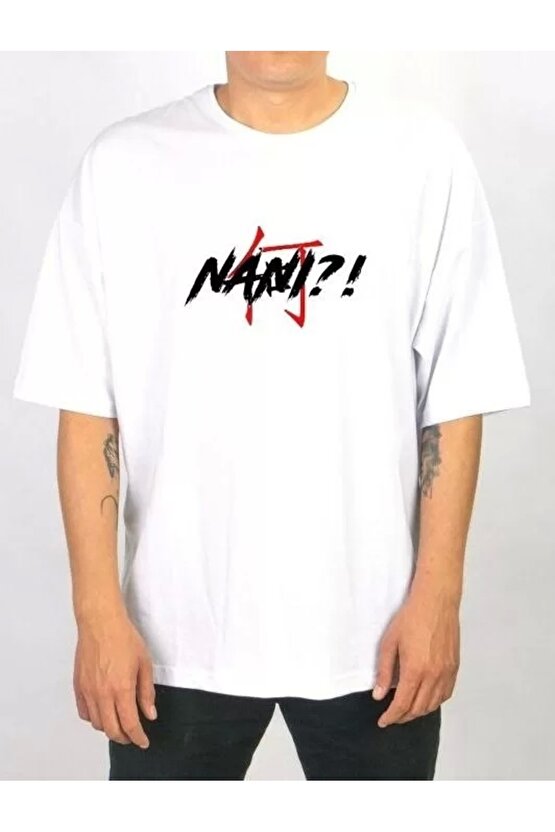 Unisex Bisiklet Yaka Baskılı Oversize T-Shirt - Beyaz